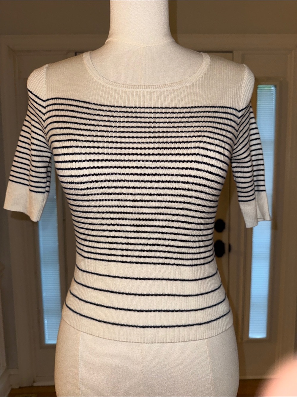 ATM Crewneck Short-Sleeve Striped Knit Sweater - White/Navy